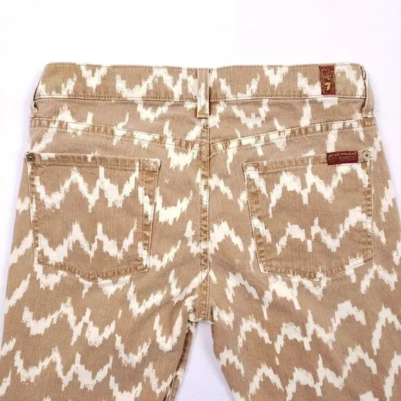 7 For All‎ Mankind Cropped Skinny Jeans Beige White Ikat Print 27 Stretch Denim - Picture 3 of 9